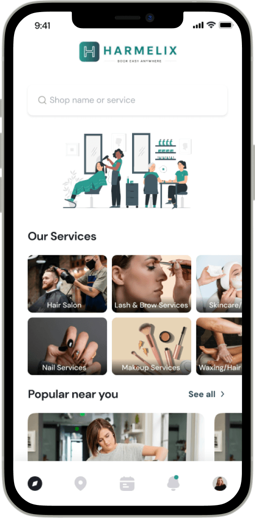 Harmelix app home screen showing services and businesses to book